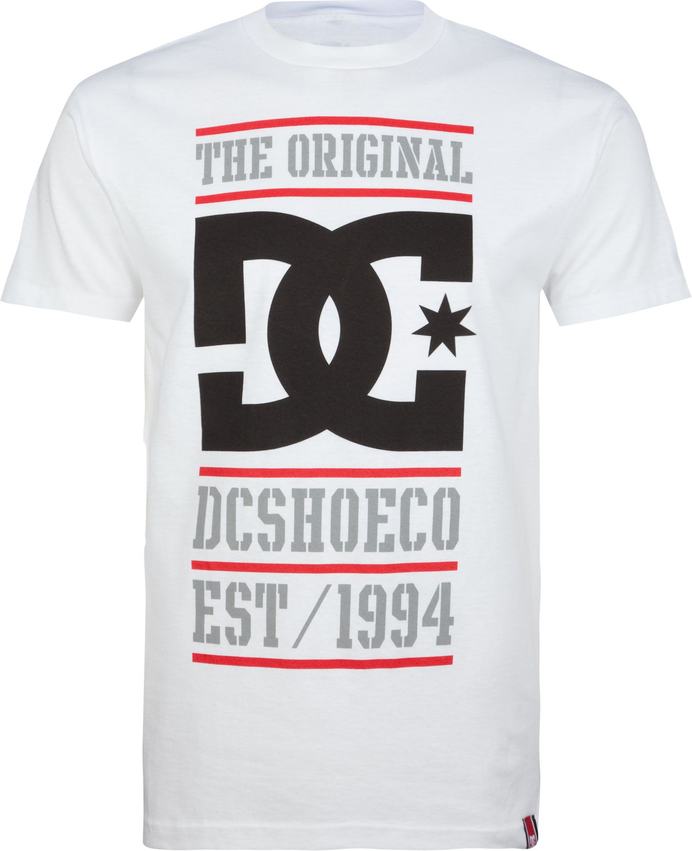 co stencil text dc dyrdek flag tag at bottom hem short sleeve crew