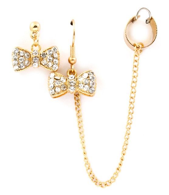  Bow Pierced Earrings with A Attached Chain Ear Cuff Gold Plated