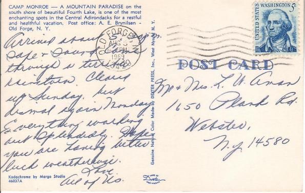 Camp Monro0e, Old Forge, NY. Postally used chrome 8/5/69 by Dexter