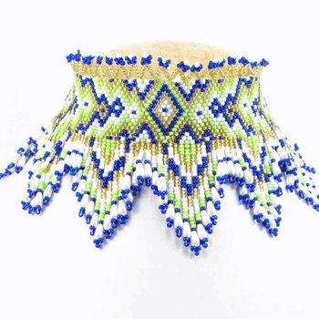 Blue Green White Seed Beaded Zig Zag Bib Necklace N2 10