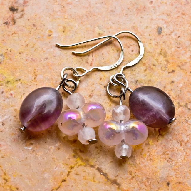 ROSE QUARTZ AMETHYST GEMSTONE 100% SOLID .925 SILVER 1 1/4 EARRINGS