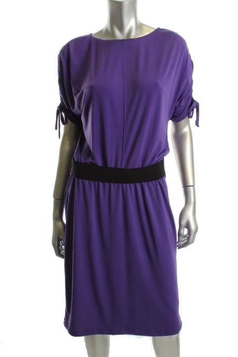 Ellen Tracy New Purple Ruched Dolman Short Sleeves Belted Wear to Work