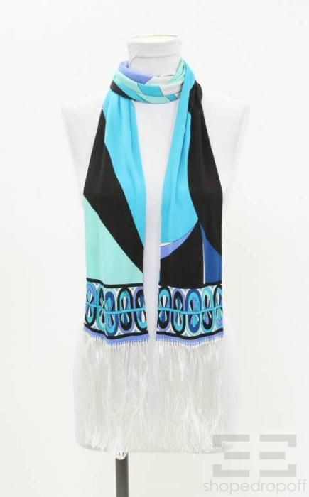 Emilio Pucci Blue Black Silk Printed Skinny Fringe Scarf