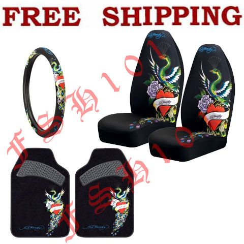 New Set Ed Hardy Red Hearts Peacock Seat Covers Steering Wheel Cover