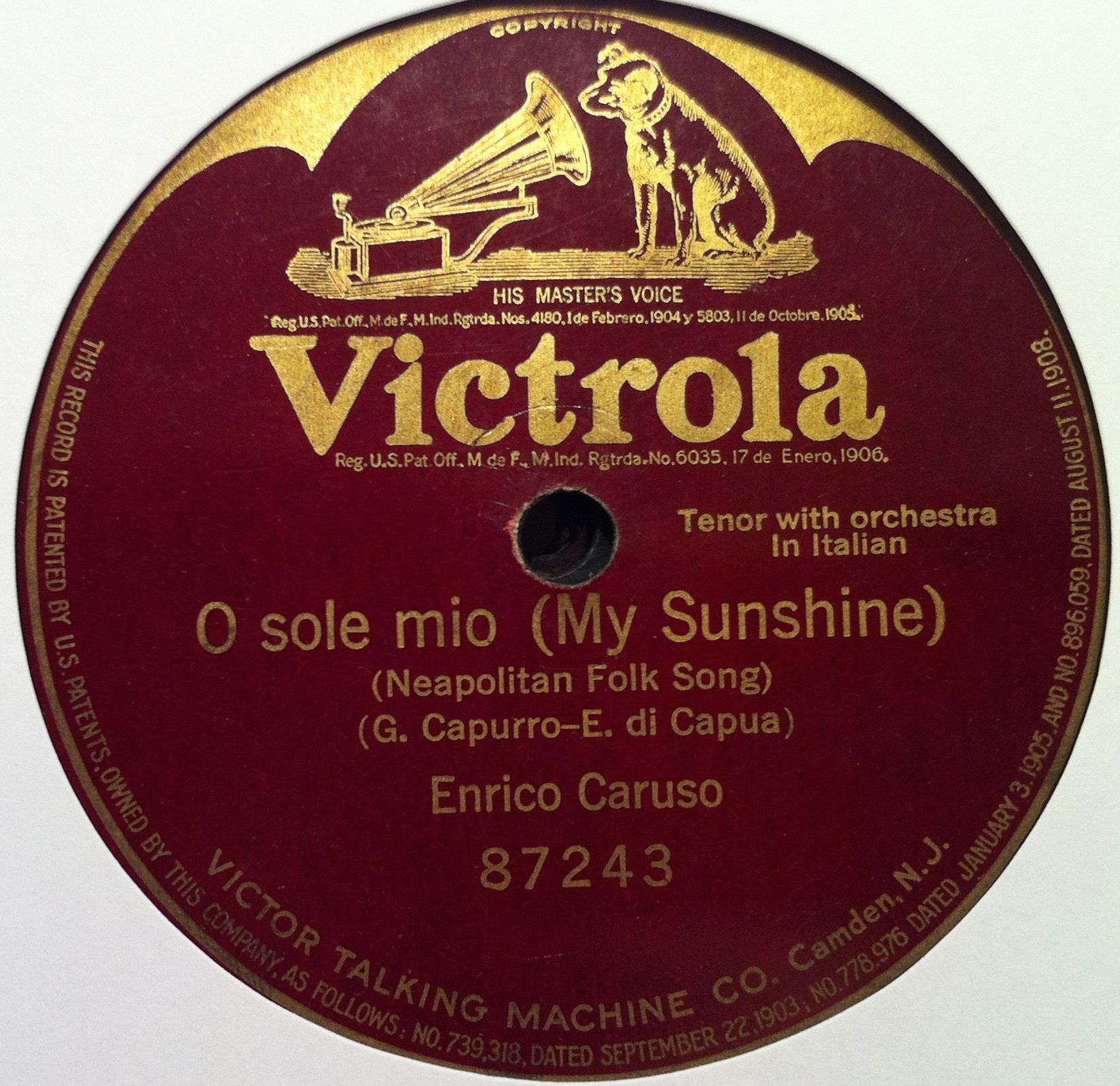 ENRICO CARUSO o sole mio my sunshine 10 VG+ VICTROLA 87243 Vinyl