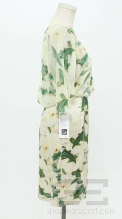 Erdem Light Yellow Green Floral Print Silk Chiffon Overlay Dress Sz US