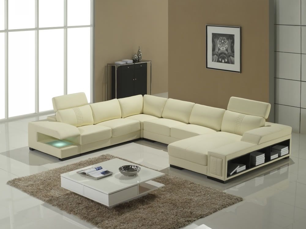Modern Contemporary Cream Leather Sectional Sofa w Light & Storage