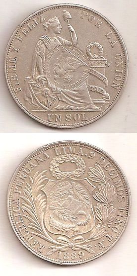 Great Guatemala Half Real 1894 Counterstamp on Peru 1 Sol 1889 TF