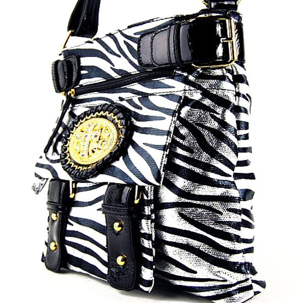 Fashio Zebra Print Gold Emblem Multi Compatment Sling Messenger