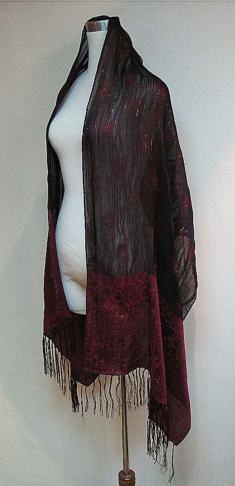 Dark Maroon Gold Chinese Ethnic Silk Shawl