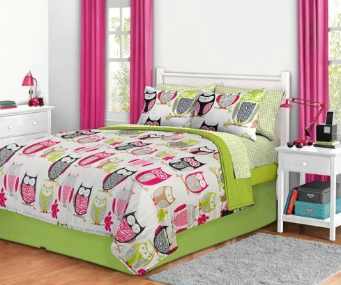 7T Pink Black Green Owl Comforter Bedding Set Size Twin XL Extra Long