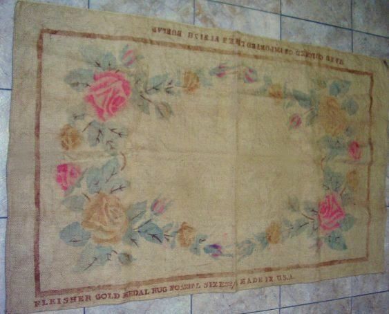 Vintage Fleisher Gold Medal Burlap Hooked Rug Roses Pattern