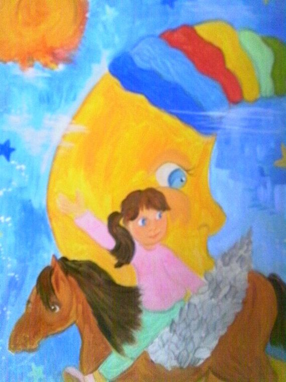 Original Canvas Painting The Horse Flew Over The Moon Girls Wall Art