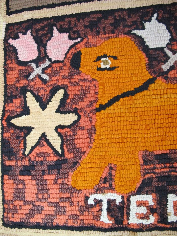 Antique Folk Art Americana Hand Made Hooked Rug Teddy The Dog Flowers