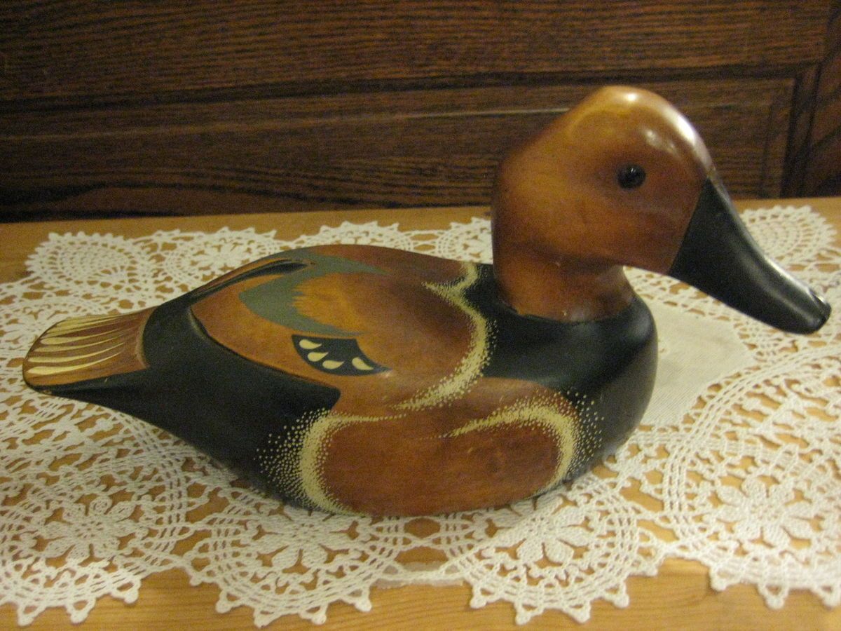  Wooden Duck Decoy Signed by Frank H 1991 10 1 2 Long