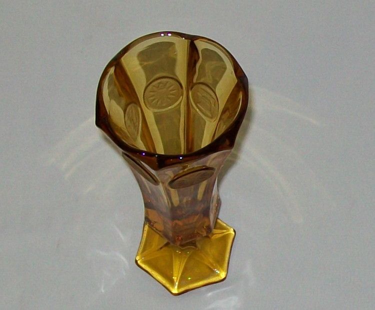 Amber Coin bud vase by Fostoria. Hexagonal with scalloped top rim, 8