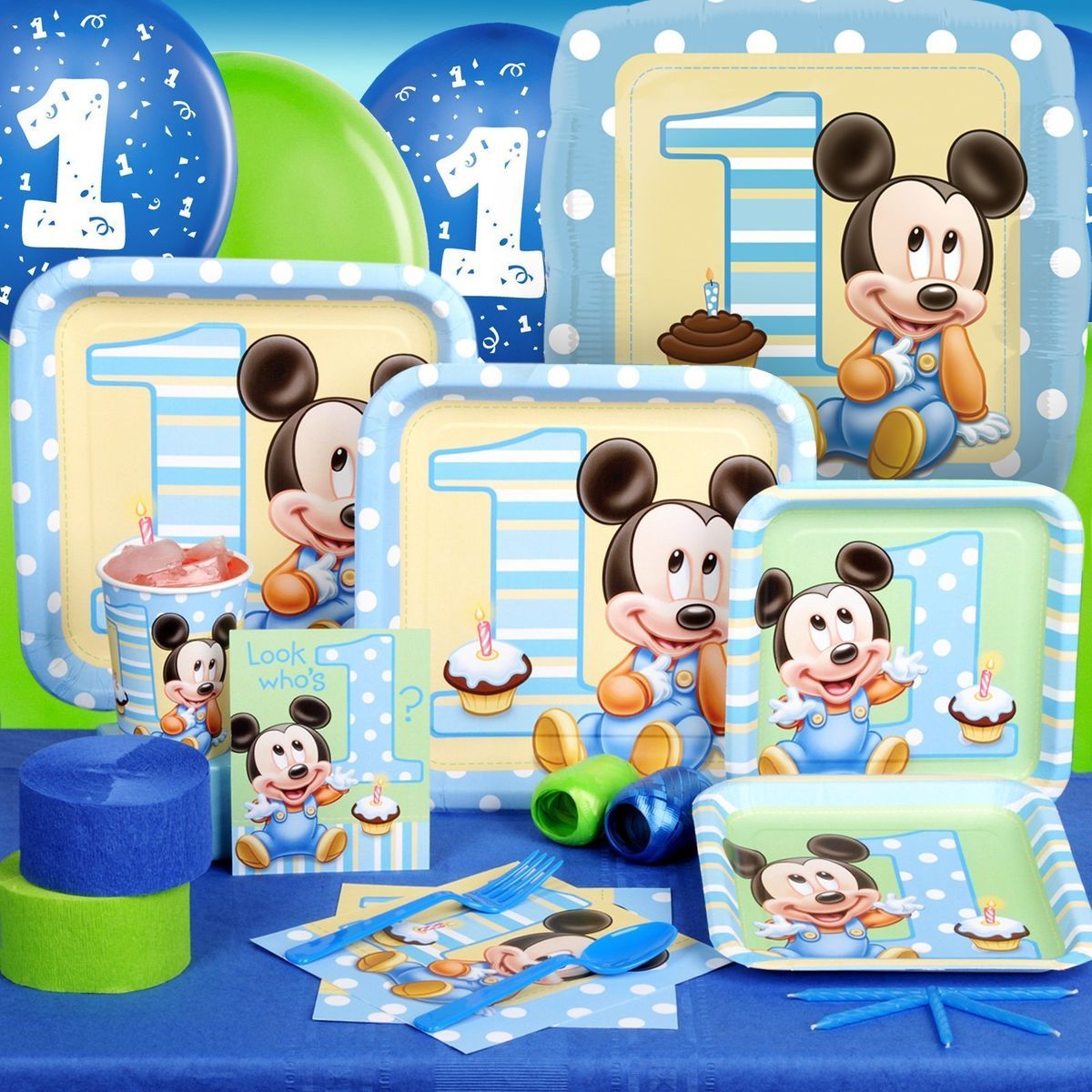 MICKEY MOUSE 1ST FIRST BIRTHDAY PARTY PACK FOR 16 PARTYWARE PARTY