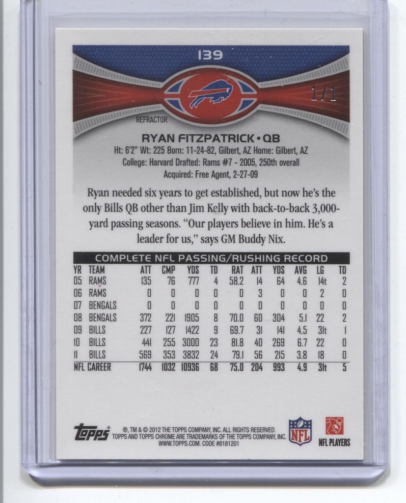 RYAN FITZPATRICK 2012 Topps Chrome Superfractor #1/1 card 139 Buffalo