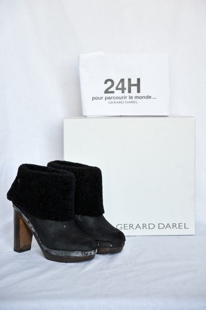 Gerard DAREL Black Shearling Sheepskin Cuff Wood Platform Ankle Boots