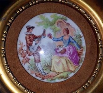 Vtg Ceramic Cameo Fragonard Lady Gentleman in Round Gold Metal Frame