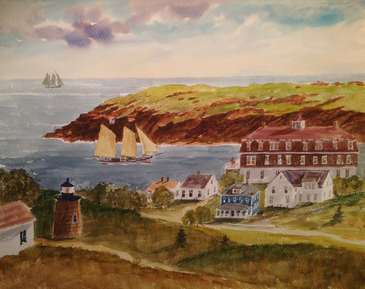 Monhegan Island Approach Maine Coast Lobster Boats Watercolor