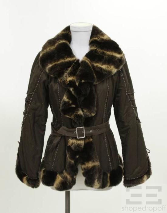 Alderighl Gabriele Brown Sheared Mink Trim Nylon Belted Jacket Size 42