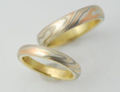 Tri Colored Custom Mokume Gane Wedding Band Set