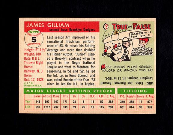 1955 Topps 5 Jim Junior Gilliam Dodgers Sharp