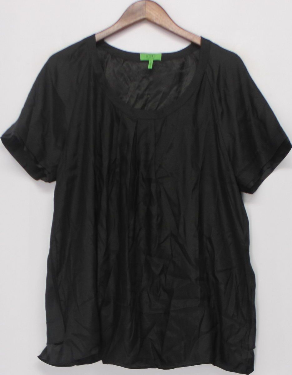 Logo by Lori Goldstein Sz L Charmeuse Top w Double Back Hem Black New