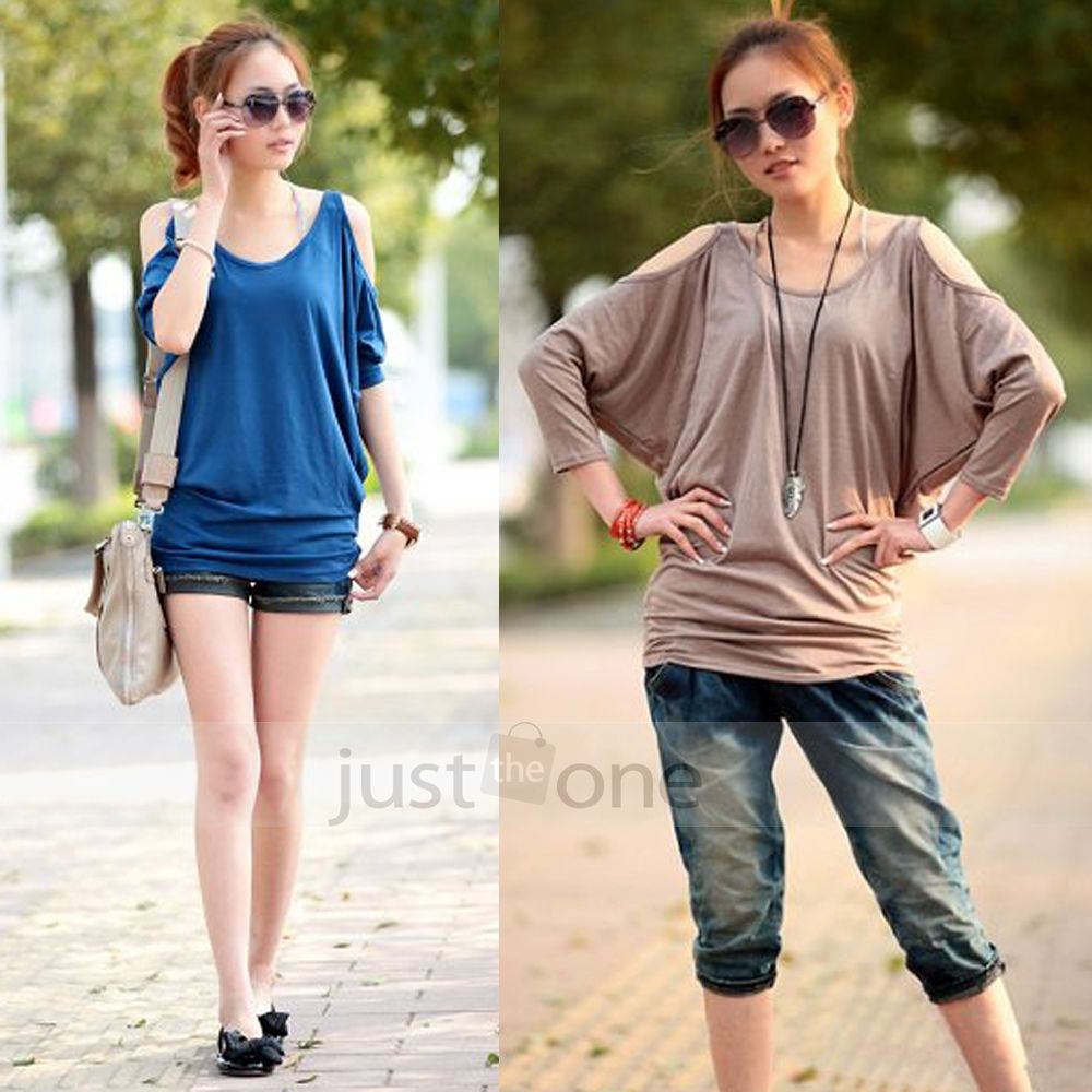 Womens Girls Sexy Open Shoulder Batwing Sleeve Loose Casual Tops