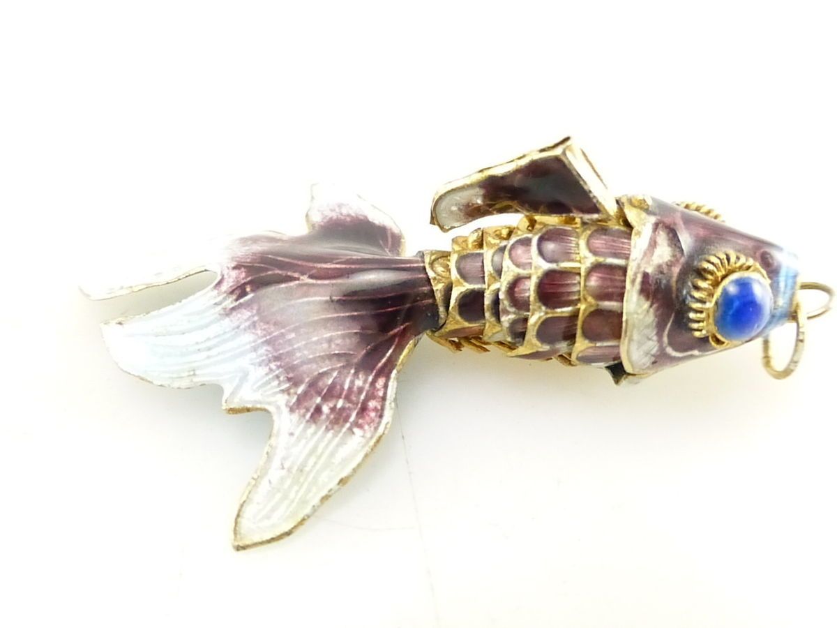  Articulated Purple & Blue Enamel Koi Fish Gold Fish Necklace Pendant R
