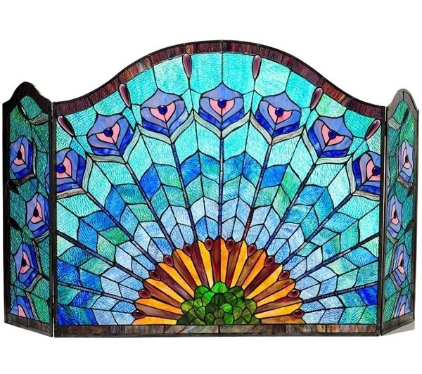  28 Tiffany Style Stained Glass Peacock Style Fireplace Screen