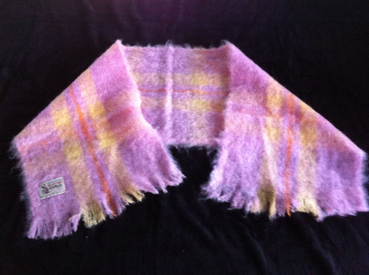 Glen Cree Mills Mohair Scarf Pink Yellow Orange Tartan Vintage