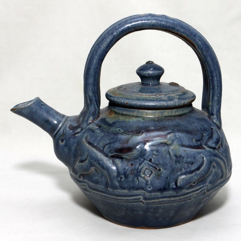 Exceptional Vtg John Glick Plum Tree Pottery Teapot Blue Glazes Signed