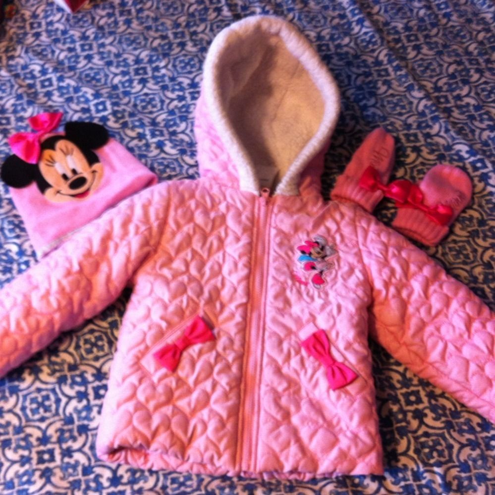  Girls Minnie Mouse Coat Hat Mittens 4 5 Pink
