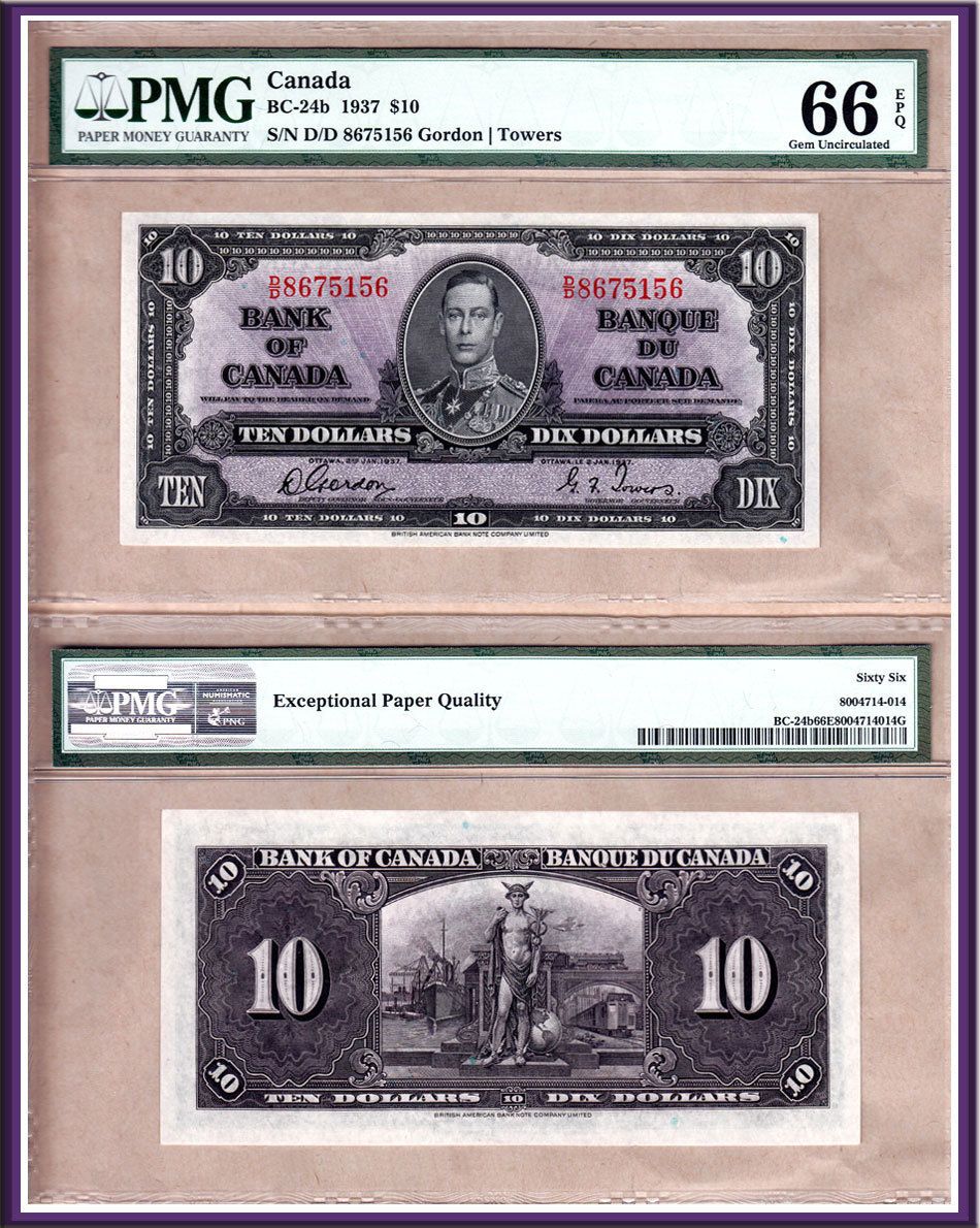  UNC66 EPQ 1937 $10 KGVI Bank of Canada Gordon Towers D D BC 24B