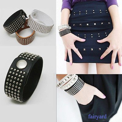 Punk Rock Studs Spike Rivet Studs Stretch Leather Bangle Cuff Bracelet