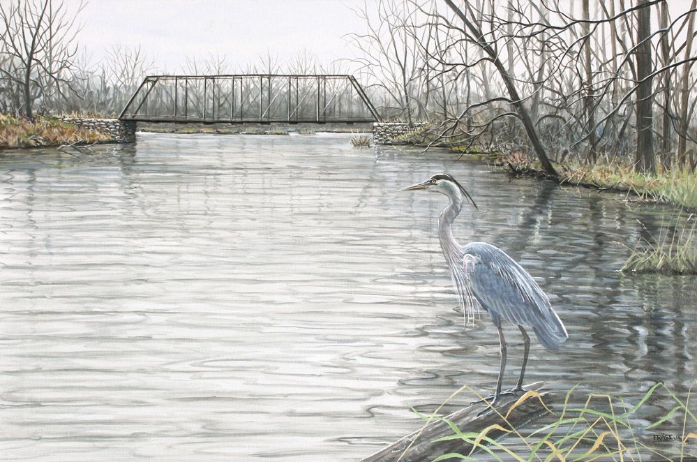 Frase Original Oil Painting Great Blue Heron River Landscape Bridge
