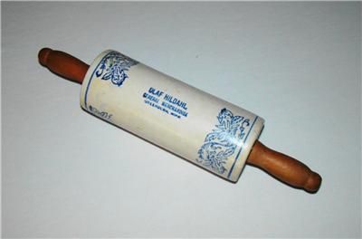  Blue White Soneware Advertising Rolling Pin Greenbush Minn