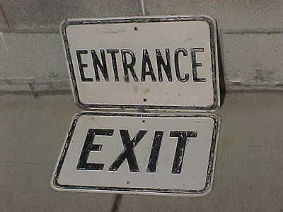 PAIR HEAVY VINTAGE 1950S METAL SIGNS ENTRANCE AND EXIT SIGNS RAISED