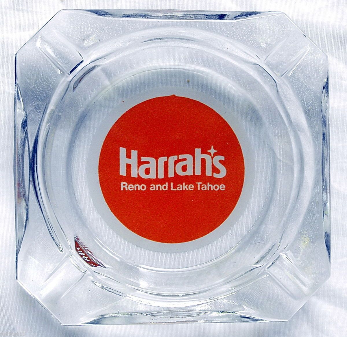 Harrahs Reno Lake Tahoe Vintage Clear Glass Square Orange Ashtray