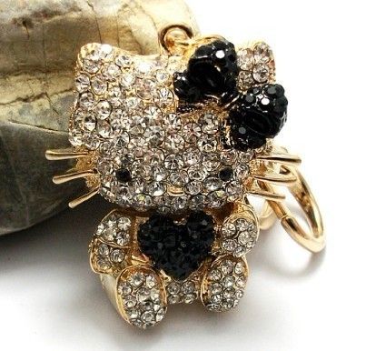 Heart Black Hello Kitty Cat Keyring Purse Charm Rhinestone Crystal