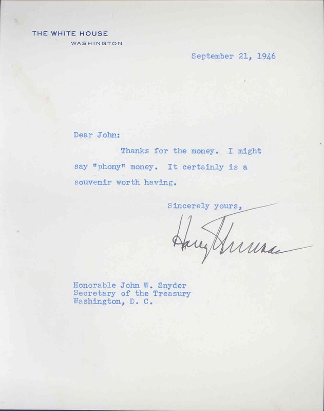 Harry S. Truman Typed Letter Signed as President   To Secretary of the