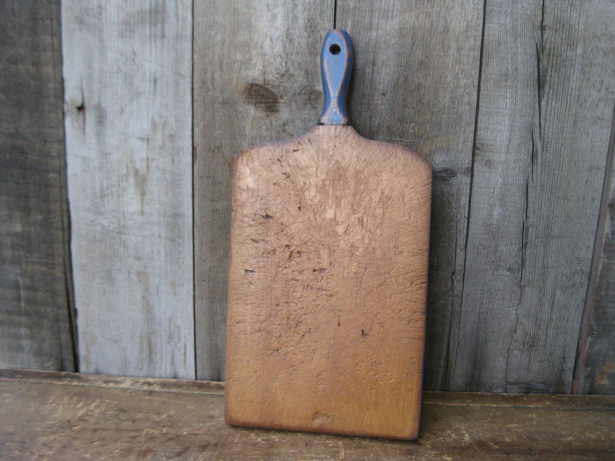 Antique Wood Bread Cutting Board Unusual Handle Cupboard Blue Paint