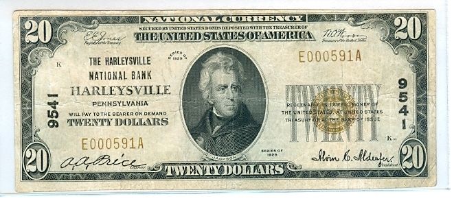 Harleysville, PA, $20 1929 T 1. CH#9541. Scarce