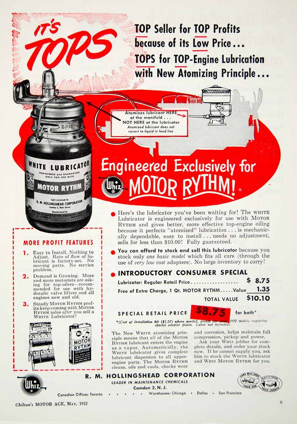 1952 Ad White Lubricator R M Hollingshead Camden Whiz Motor Rythm