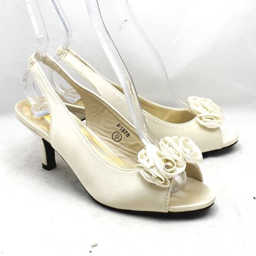 Ladies Ivory Satin Low Heel Diamonte Ruffled Detail Evening Wedding