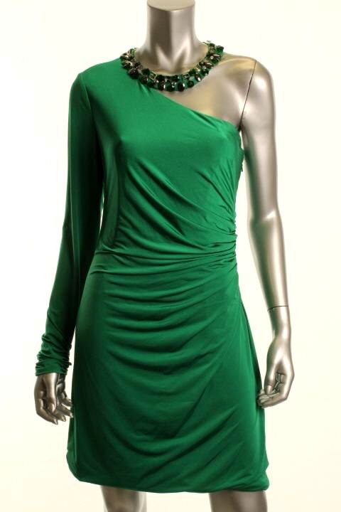 Hoaglund New Green Jersey One Sleeve Shirred Jewel Collar Cocktail