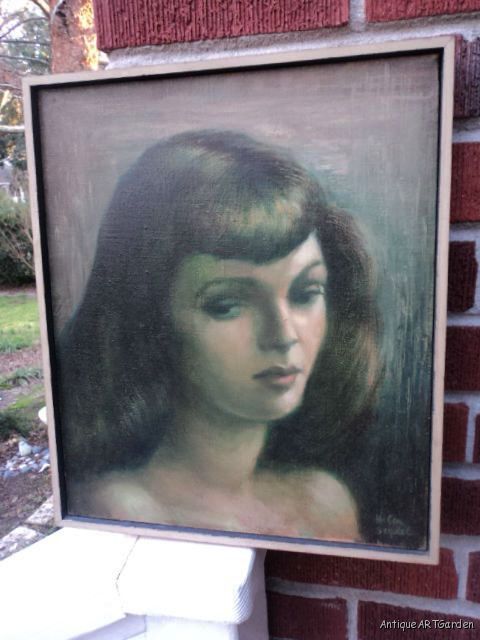  Portrait Beautiful WOMAN 1940s Art DECO Original Oil by Helen Seydel