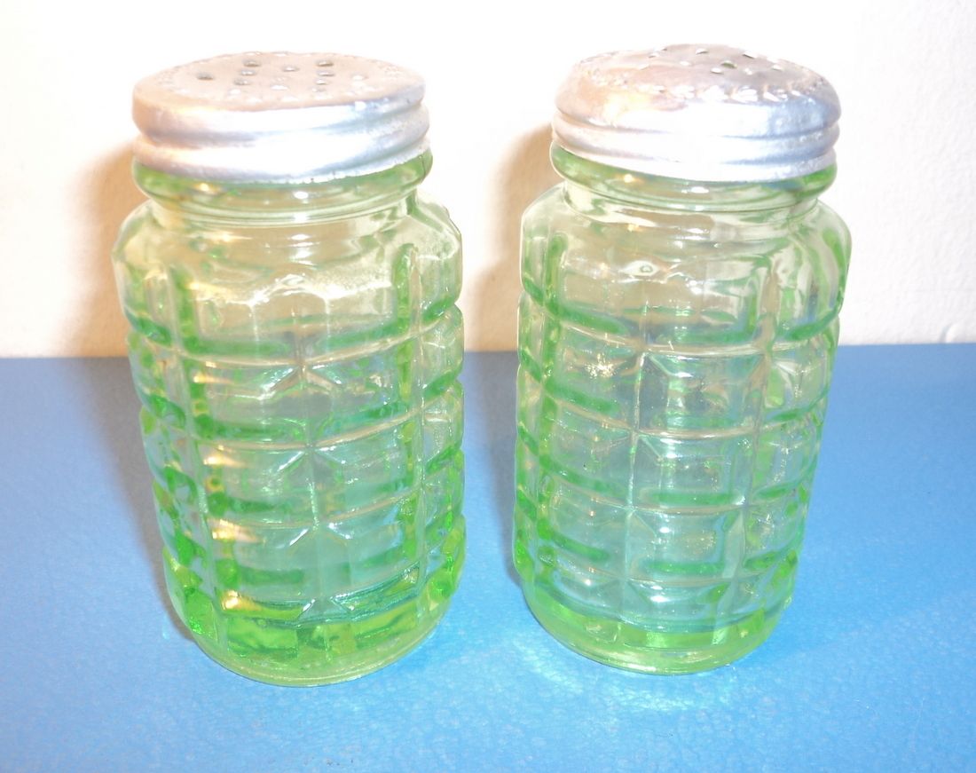 Vintage Hazel Atlas Green Vaseline Depression Glass Salt and Pepper